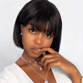 Brazilian Remy Non-toxic Wig, Straight Hair And Short Hair, Black. Human Hair Mechanism, Non-sticky And Non-toxic Wig With Bangs, Suitable For The Who (Option: Black-10inch)